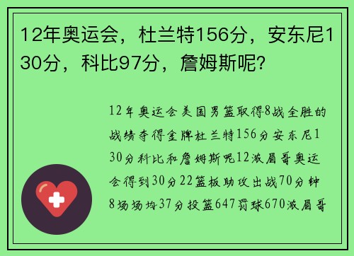 12年奥运会，杜兰特156分，安东尼130分，科比97分，詹姆斯呢？