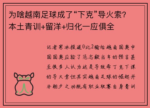 为啥越南足球成了“下克”导火索？本土青训+留洋+归化一应俱全